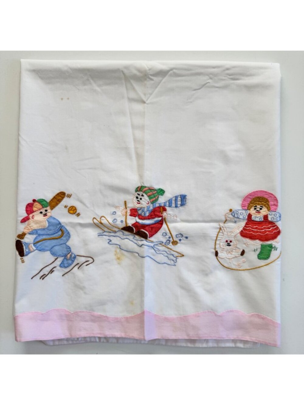Vintage Embroidered Baby Crib Flat Sheet Jump Rope Skiing Baseball White Pink - Picture 2 of 9